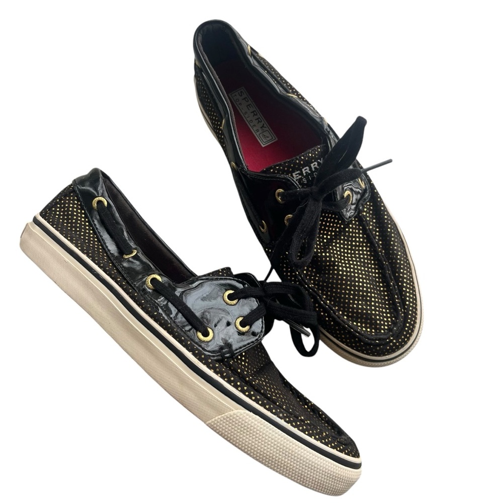 Sperry Top-Sider Womens 7.5 Black Biscayne Gold Polka Dot Lace Boat Shoe 9778564